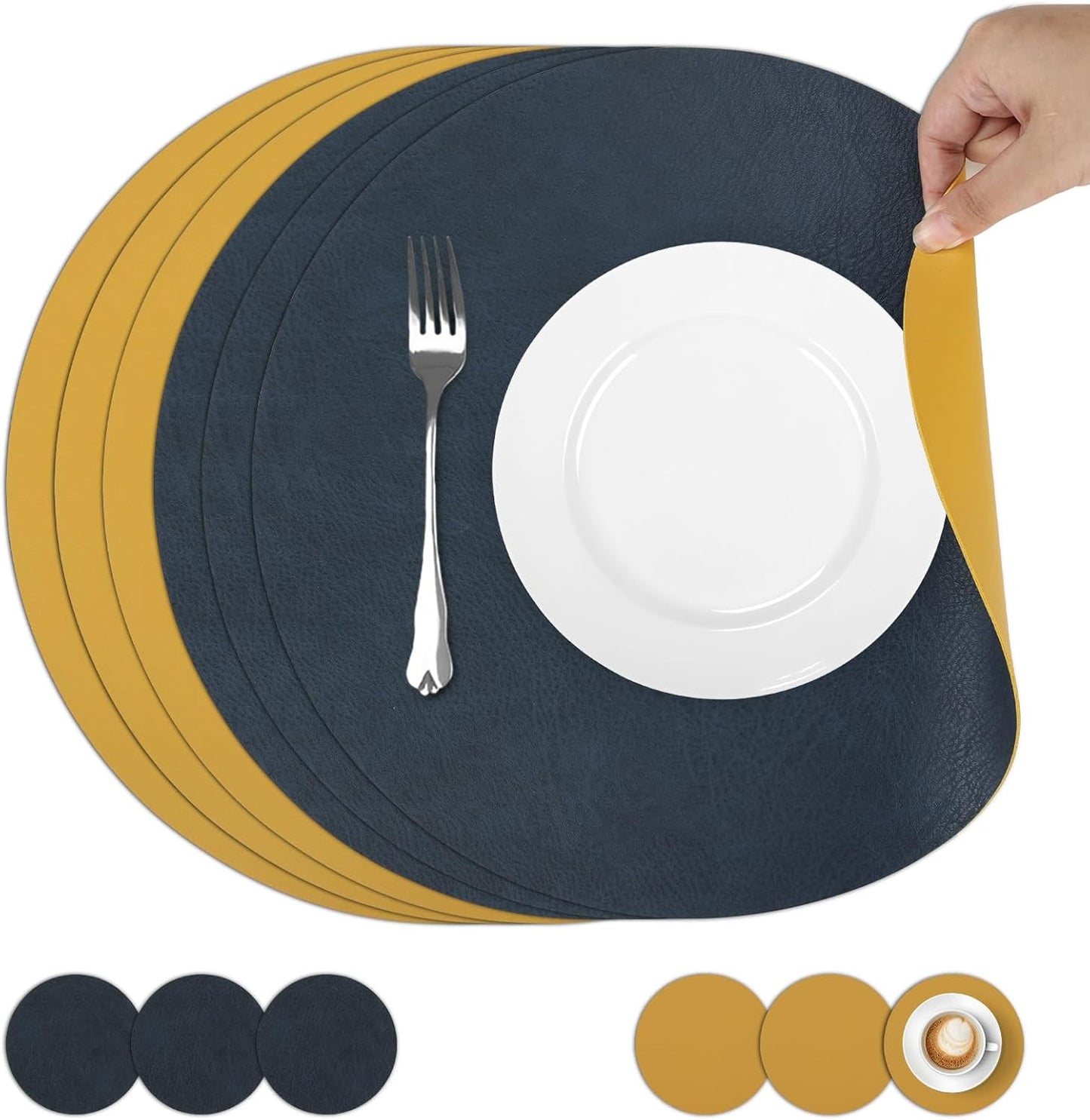 Set de table — lavable, en plastique, antidérapant, résistant à l'eau, Lot de 6, 33cm, bleu