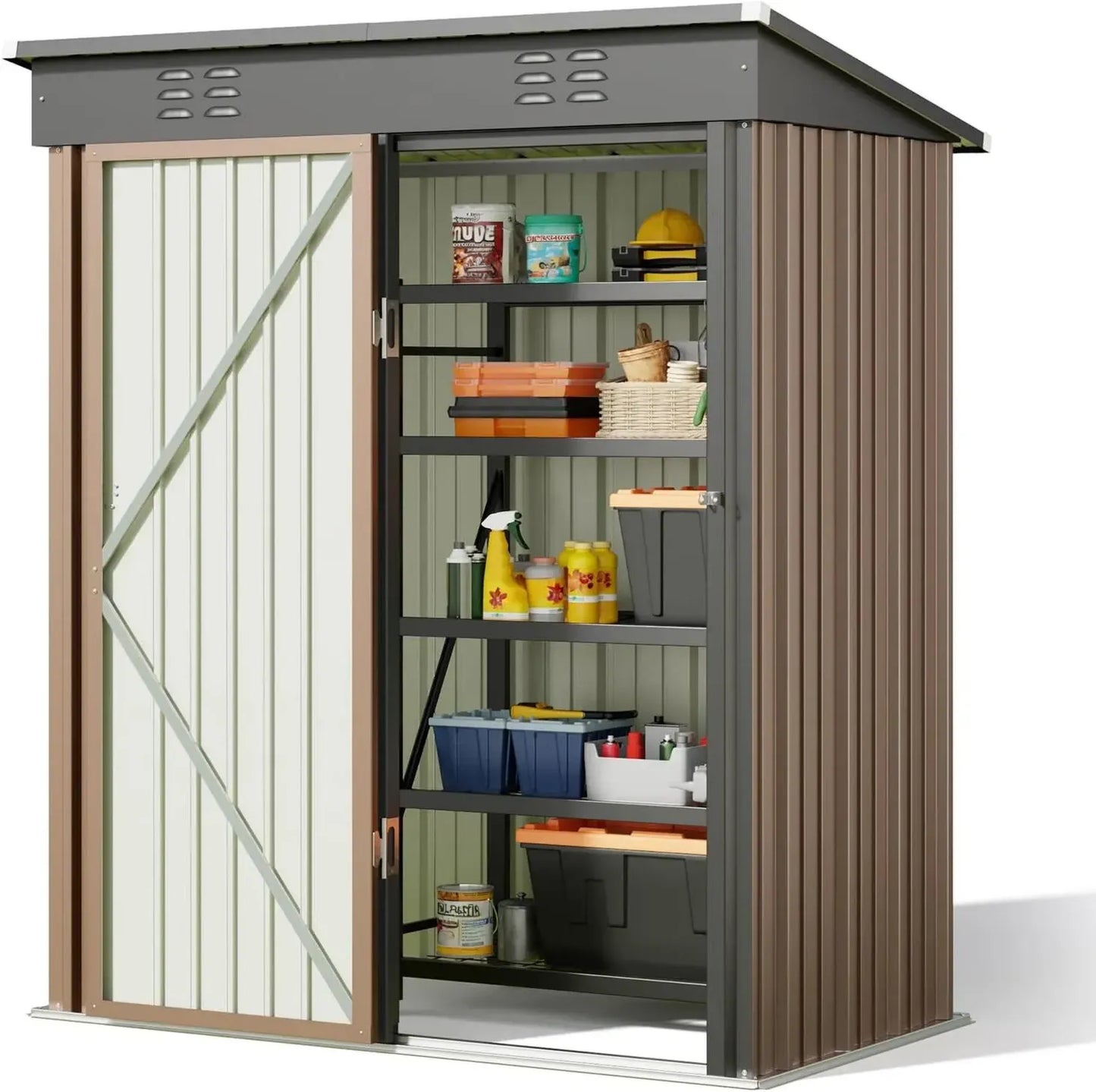 Cabane de Jardin Métallique Bealife, Rangement Extérieur en Acier Galvanisé 180x162x95 cm, Idéal pour Outils et Accessoires (Brun)