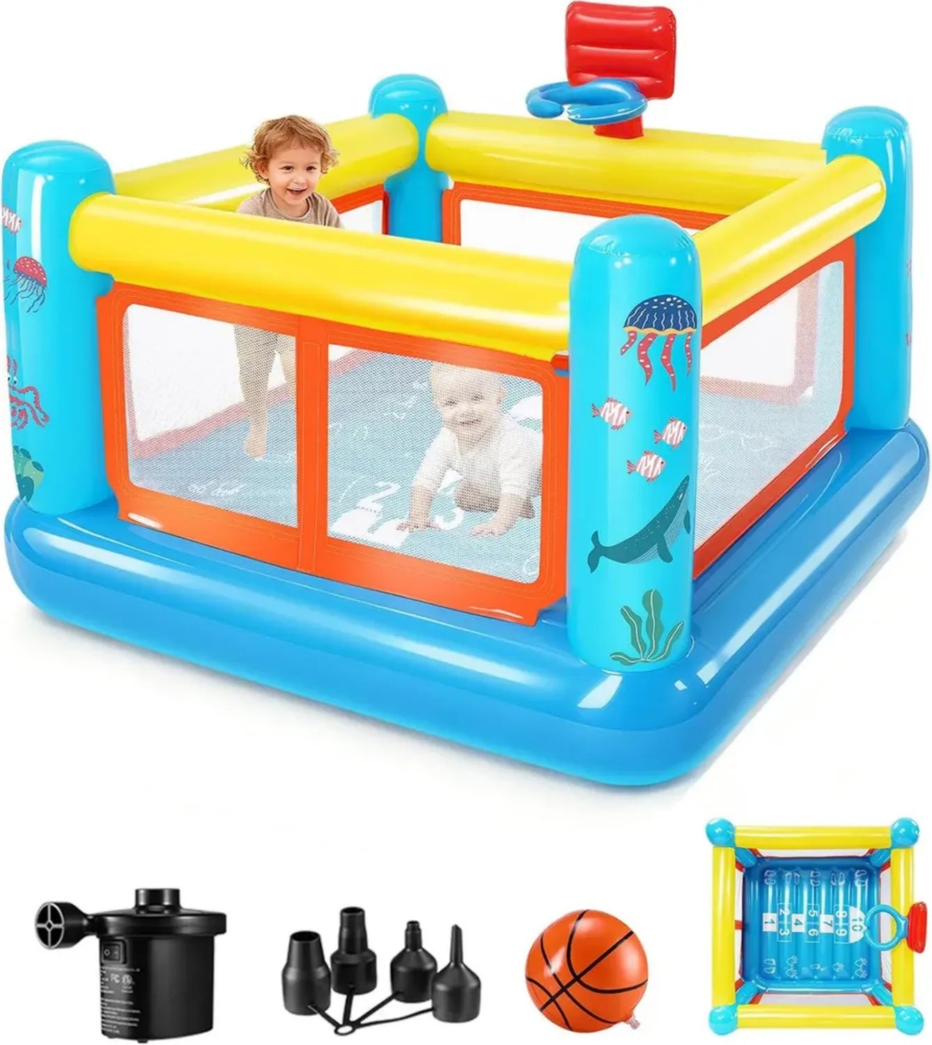 Château Gonflable Enfant 3-6 Ans avec Trampoline et Panier